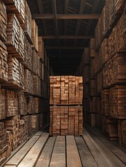 Endless aisles of stacked lumber in warehouse