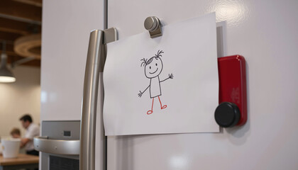 A child's drawing of a happy man magnetically attached to a modern refrigerator