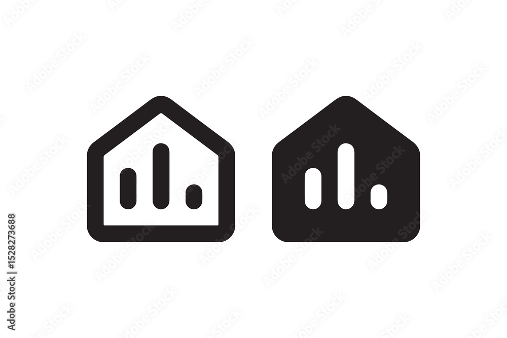 Poster minimalistic icons of smart home and analytics with bar graphs.