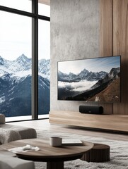 Fototapeta premium Minimalist living room with modern TV setup showcasing mountain scenery