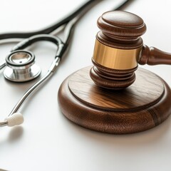 Close up of a wooden gavel and stethoscope on a white surface symbolizing medical law ethics and healthcare regulations in legal practice.