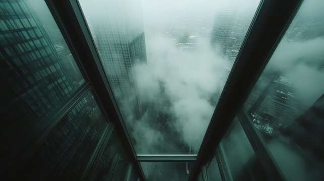 A breathtaking view from inside a glass elevator shows a foggy cityscape, creating an ethereal atmosphere and a sense of awe as skyscrapers disappear into mist.