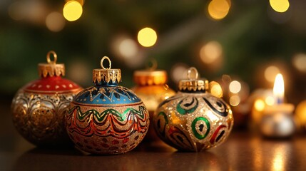Colorful Christmas ornaments with festive patterns and golden glitter. Holiday season ambiance with twinkling lights and candlelit glow.