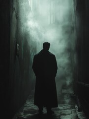 A noir detective in a trench coat, standing in a foggy alley with dark shadows and contrast lighting.