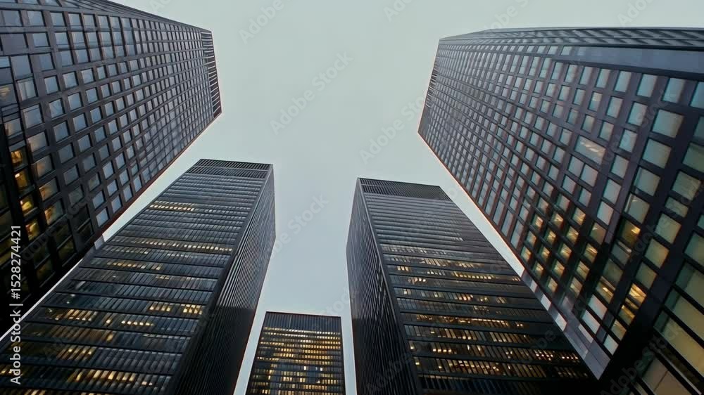 Poster skyscrapers tower above with illuminated windows creating an enchanting urban skyline at twilight