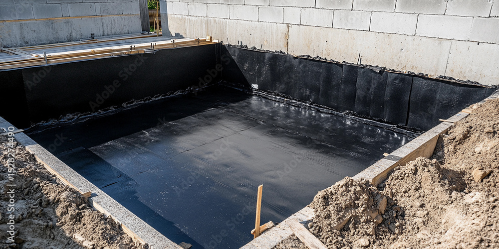Poster freshly built house foundation with waterproofing materials generative ai