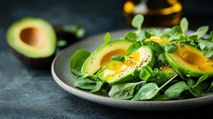A vibrant salad featuring fresh avocado slices nestled on a bed of greens, drizzled with olive oil, capturing the essence of healthy eating and vibrant colors.