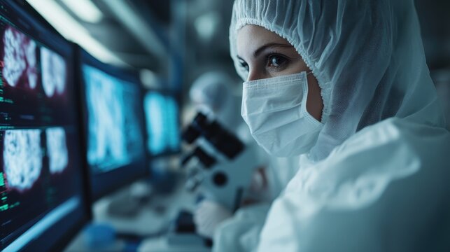 A focused female scientist wearing a lab coat and mask observes advanced data on computer screens, showcasing modern research and technology in a laboratory setting.