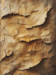 Fototapeta premium A textured piece of brown paper, featuring several jagged, torn edges, revealing its rustic, organic fibers and a slightly crumpled surface.