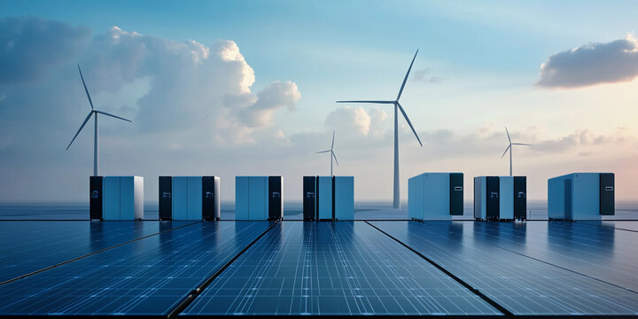 Renewable energy setup with wind turbines and solar panels Generative AI