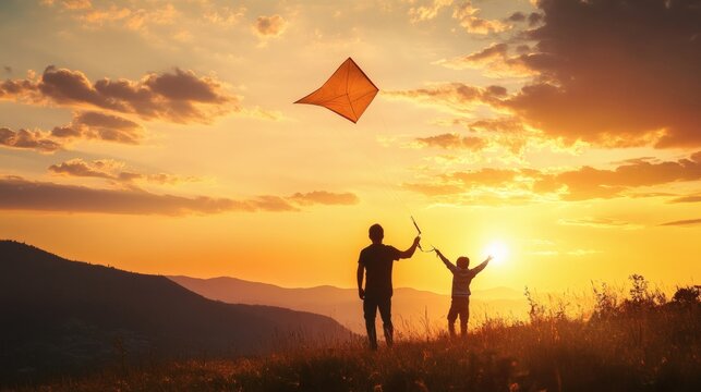 silhouette of a father and his son while playing kite flying with beautiful sunset in the background