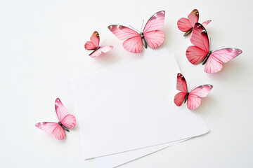 Elegant blank invitation surrounded by colorful butterflies Generative AI