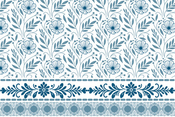 seamless wallpaper decoration modern fashion.floral elements border embroidery outline.one line floral pattern hand drawn.blue floral botanical clean minimalism.home textile pillow cover

