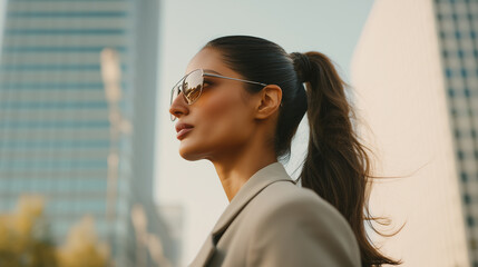 Young woman with a sleek ponytail and reflective sunglasses confidently walking in City, framed by towering skyscrapers. Cityscape complements her stylish appearance. Image made using Generative AI.
