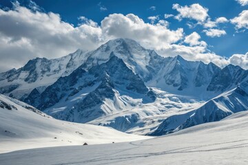 Majestic snow capped mountain range under a blue sky