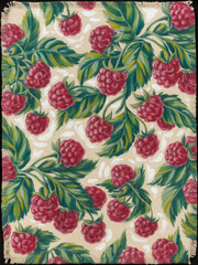 Retro raspberry branch illustration in botanical style with repeating pattern layout, great for organic food packaging, wall art, and surface design.