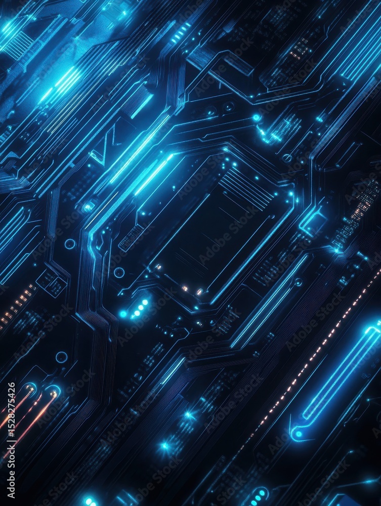 Aufkleber abstract digital circuitry design with glowing blue elements on a dark background.