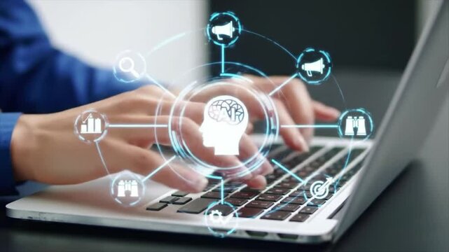 AI agent supporting business processes with automation technology. Generative artificial intelligence analyzing data and predicting future. Businessman using laptop computer