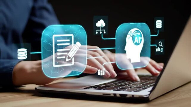 AI agent analyzing data and generating reports. Artificial intelligence and intelligent automation IA technology. Businessman using laptop computer to give instructions to AI at desk in office. - Powered by Adobe