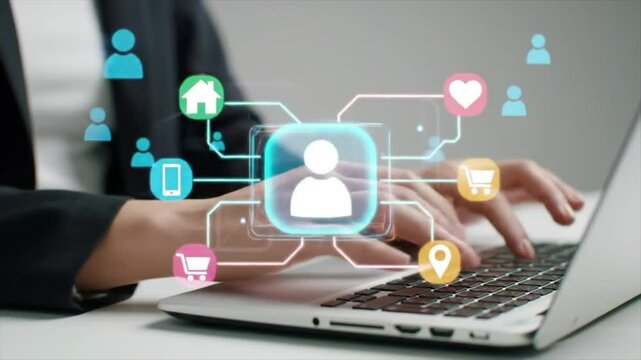 Market segmentation and audience analysis. Consumer profiling marketing strategy. Marketer using laptop computer to analyze target customer persona.