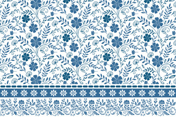 clean seamless pattern blue floral.hand drawn fashion wallpaper.simple petal leaves minimalism.outline floral elements modern one line.trendy elegant border embroidery

