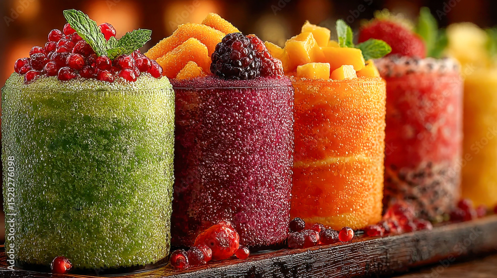 Poster vibrant row of colorful fruit smoothies topped with berries and mint, covered in condensation and ar