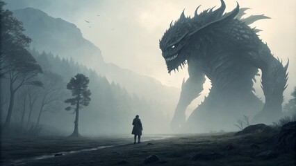 Man Facing Immense Beast Digital Painting, Dark Fantasy, Atmospheric Perspective, Foggy Landscape, Giant Creature. Fantasy art, digital painting