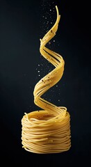 Raw spaghetti rising from a coil with salt and pepper flying around on a dark background for food advertising.