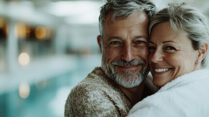 A joyful middle-aged couple embracing by a serene poolside area, radiating love and happiness, symbolizing companionship and harmony in later life.