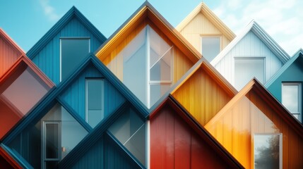 An artistic view of modern houses with vibrant, triangular roofs blending geometric shapes and colors, creating a visually stunning composition against a bright sky.