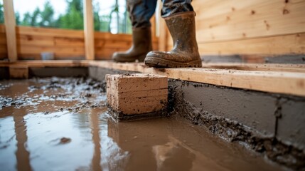 A construction worker stands on fresh concrete at a building site, demonstrating the diligence and hard work that goes into creating modern structural foundations and infrastructure.
