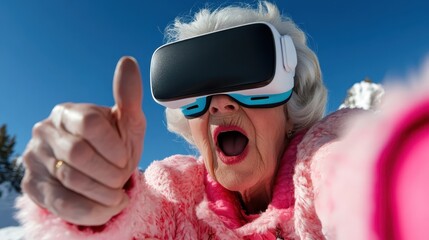 An elderly woman cheerfully engaging in virtual reality while outdoors, showcasing the blend of technology and fun, challenging stereotypes around age and innovation in leisure activities.