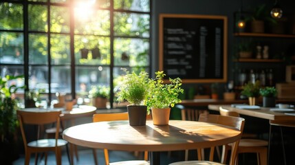 A warm, inviting cafe filled with lush greenery, sunlight streaming through large windows, creating a cozy ambiance ideal for relaxation or social gatherings.