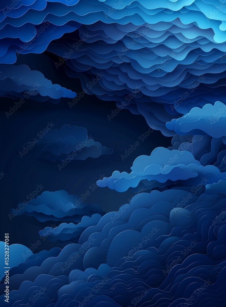 Poster scenic dark blue background with layered three-dimensional clouds creating a dreamy atmosphere