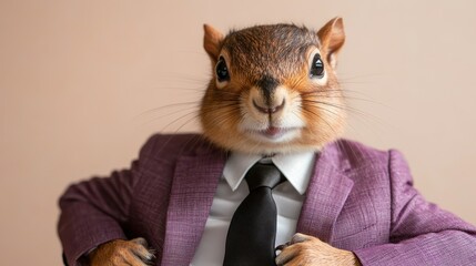 A whimsical portrayal of a squirrel dressed in a purple suit and tie presents a lighthearted and charming character, ideal for appealing to those who enjoy humor and creativity.
