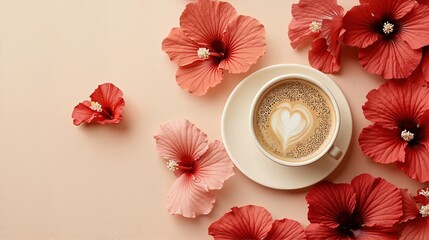 Top view of a white coffee cup with latte art on a pink background decorated with hibiscus flowers. Concept of morning routine.