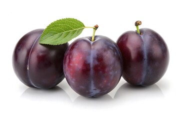 Fresh plums with leaf isolated on white background