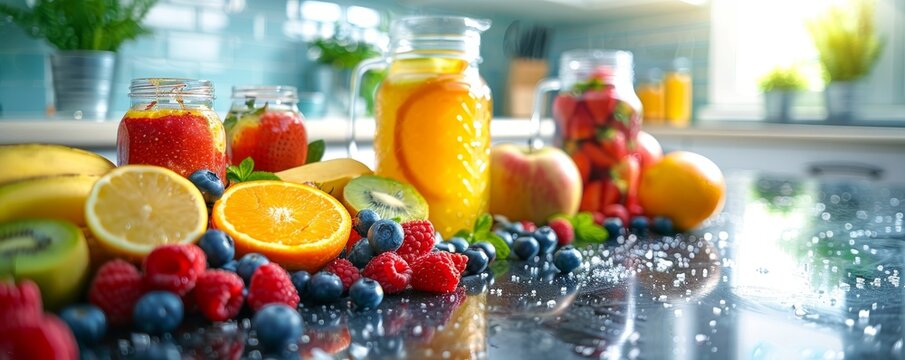 Colorful watercolor painting of fresh fruit smoothies with vibrant fruits
