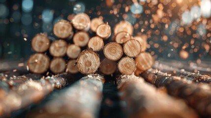 A close-up view of freshly cut wood logs, with fine details of the bark and growth rings, showcasing the raw materials used in craftsmanship and connection to nature.