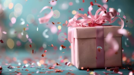 An elegantly wrapped gift box adorned with a pink ribbon, surrounded by colorful confetti, symbolizing celebration, joy, and the excitement of giving and receiving gifts.