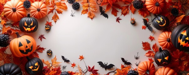Halloween decorations with pumpkins and autumn leaves in a sunny room