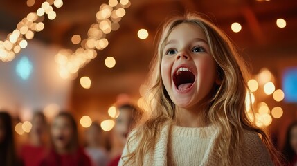 A joyful child singing with delight at a festive gathering, surrounded by warmth and happiness, encapsulating the essence of joy and community in celebration.