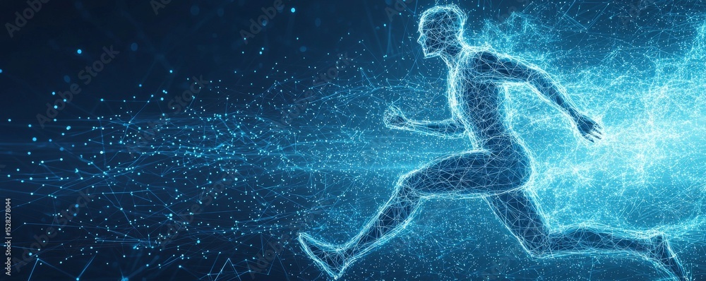 Poster digital wireframe illustration of an athlete running with futuristic tech elements