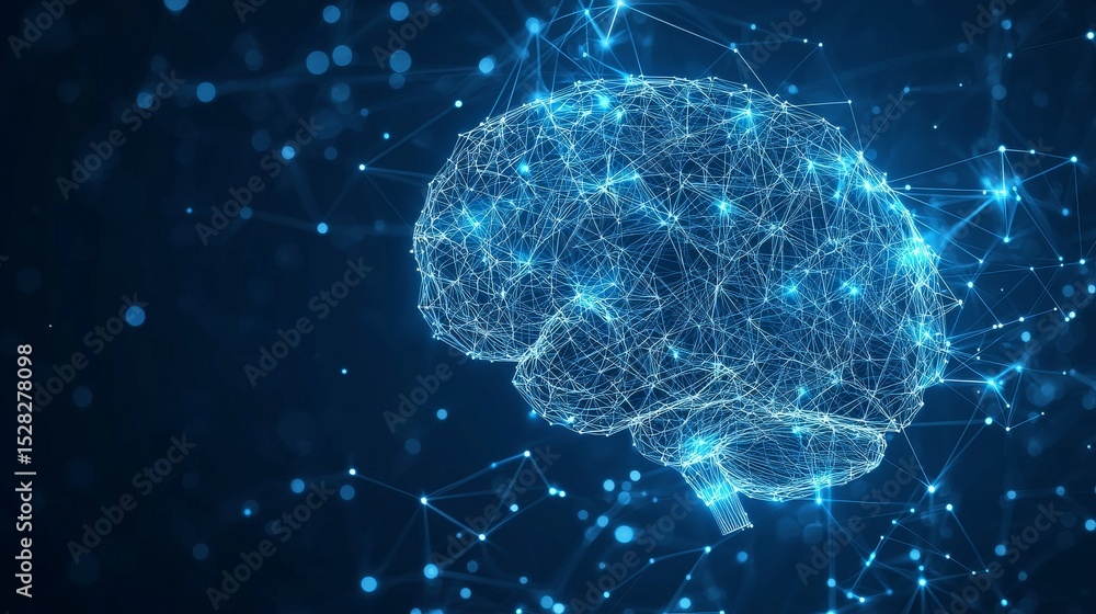 Poster digital wireframe brain with neural network connections on dark background