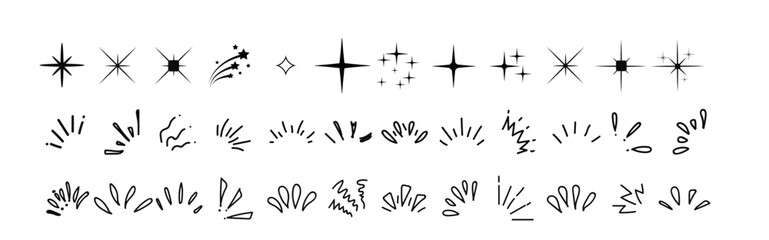 Hand Drawn Sparkle Burst Elements Set Design Graphic Black White Doodle Stars Shine Bright Celebration Festive Holiday Party Decoration Illustration Design Elements Collection icon cute light shape   