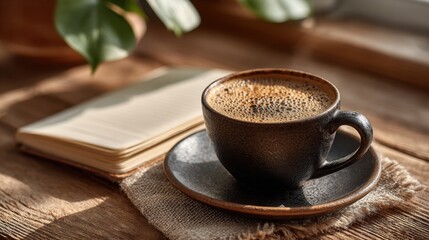 Hot coffee cup with open book sits on rustic wood table in morning light