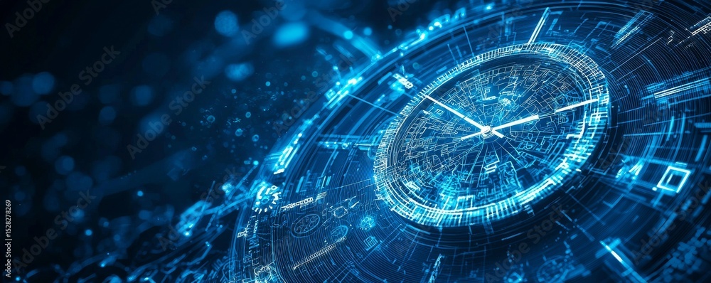 Poster futuristic wireframe clock with digital elements representing time and technology