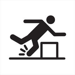 Silhouette of Person Tripping Over Box in Minimalist Black Icon Style, Safety Hazard Sign
