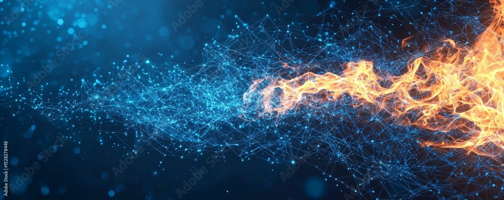 Poster abstract digital blue wireframe pattern with dynamic waves and particles