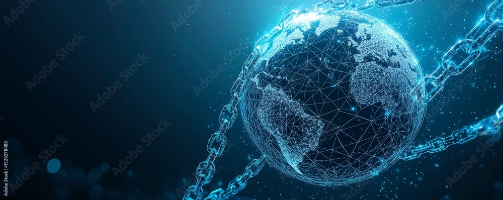 Poster futuristic wireframe globe with digital connections and chains symbolizing global network and securi